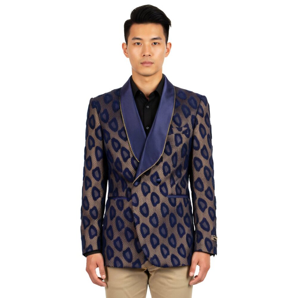 Empire™ Men's Hybrid-Fit Shawl Lapel Blazer – Blue & Gold Floral Pattern – NWT